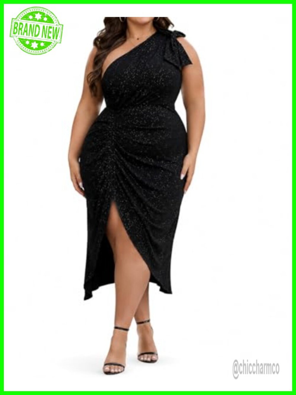 Plus Size One Shoulder Sequin Glitter Wrap Cocktail Dress